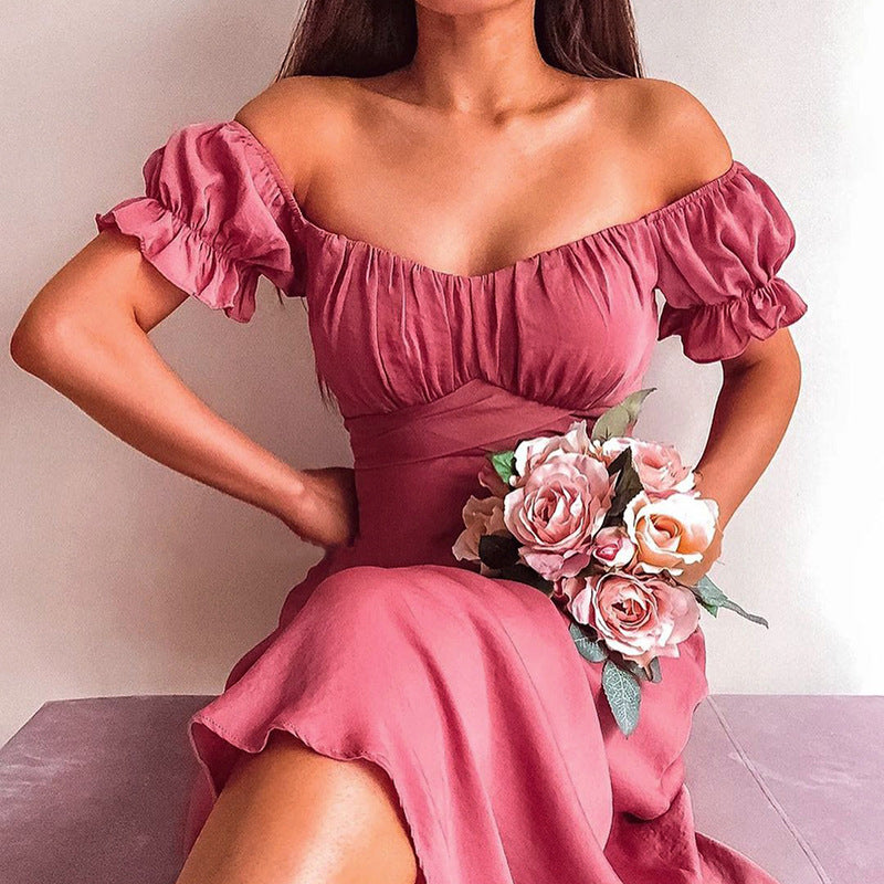 Lizakosht  2021 Summer's New Solid-colored Simple One-word Shoulder-length Skirt Summer Slash Neck  Puff Sleeve  Dresses for Women