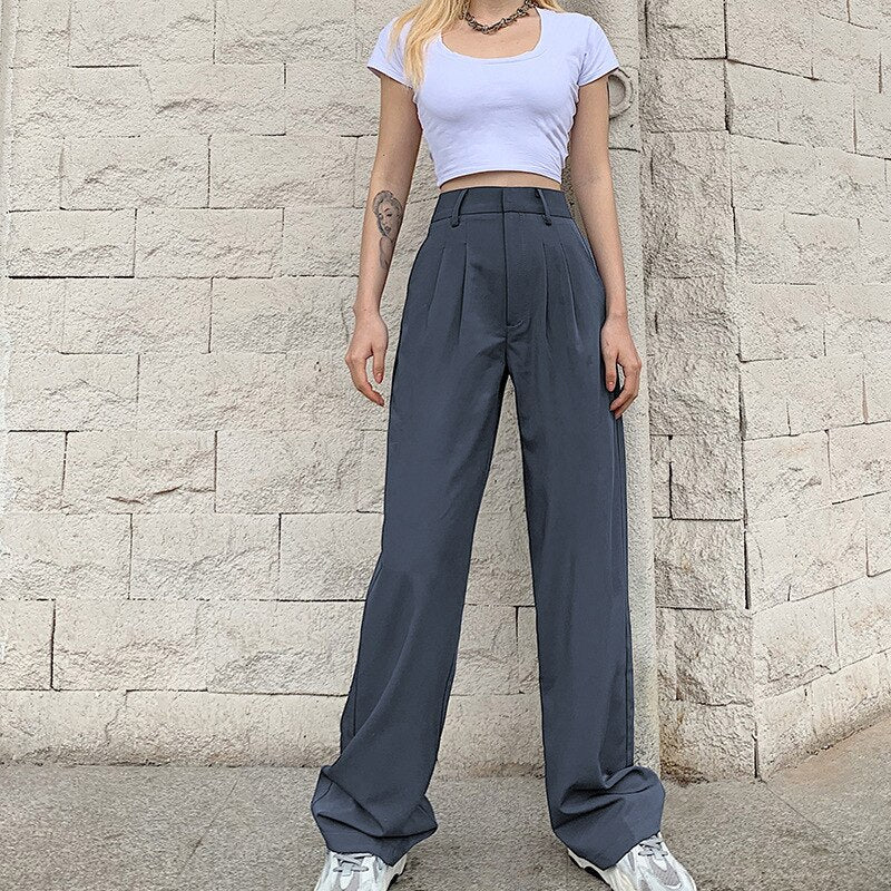 Brand New Women High Waist Suit Pants Solid Color Straight Long Trousers Women High Waisted Pants Casual Women Clothes