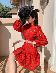 Runway Designer Spring Lace Party Dress 2021 New Women Lantern Sleeve Hollow Out Dress Fashion Holiday Belt Mini Dresses