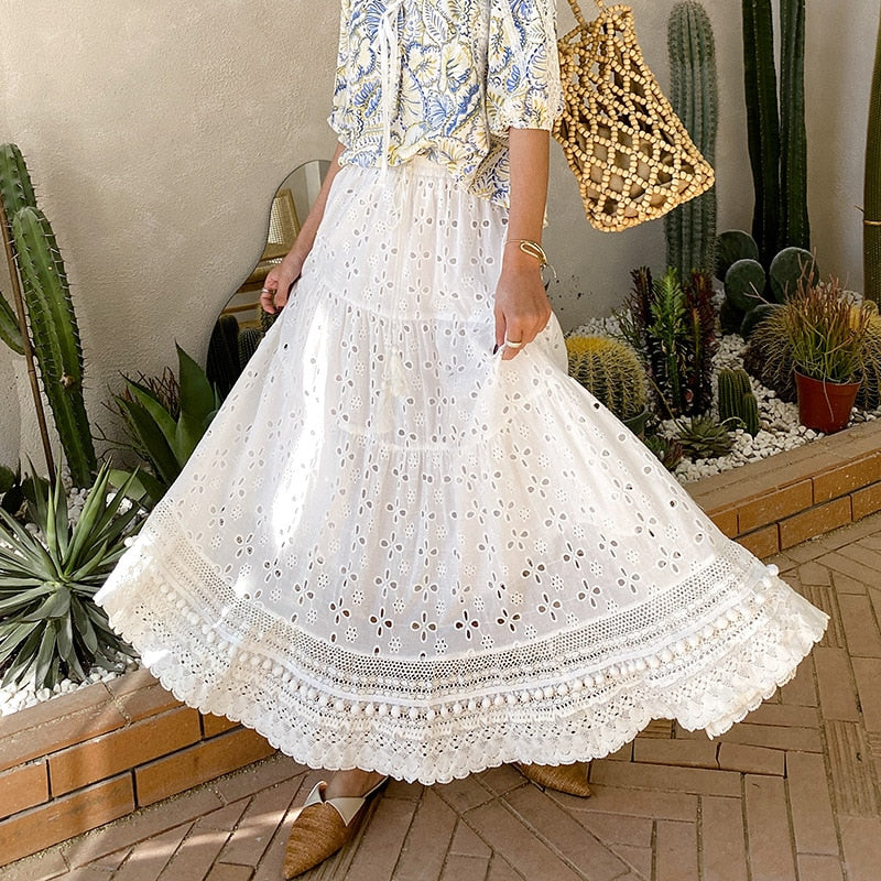 Lizakosht white eyelet skirts for women elastic waist tassel tied pom pom trims summer skirt long bohemian skirts womens