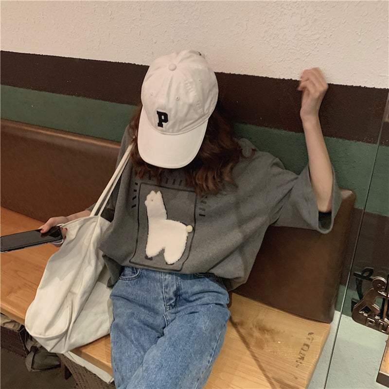 Lizakosht  Cartoon Alpaca Animal Printed Casual Loose Oversize Korean Style 2021 Summer Short Sleeve Women Top Female T-shirts