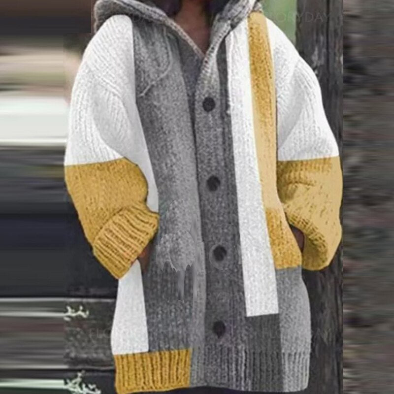Elegant Fashion Patchwork Knitted Coat Sweater Women Fall Winter Vintage Button Cardigan Tops Casual Single Breasted Hooded Coat