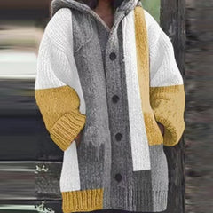 Elegant Fashion Patchwork Knitted Coat Sweater Women Fall Winter Vintage Button Cardigan Tops Casual Single Breasted Hooded Coat