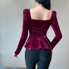 Autumn Long Sleeve Top Women Y2k Sexy Bodycon Top Wine Red 2021 Female Blouse Vintage Tops for Party Clubwear