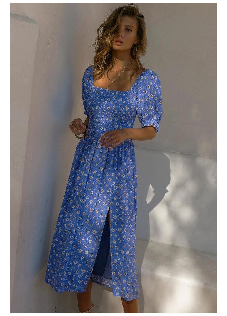 Summer Dress For Women 2022 Puff Sleeve Midi Dress Vintage Square Neck Floral Print Split Sundress Holiday Casual Dresses Women