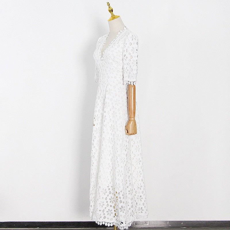 Lizakosht  white gown dress women cotton hollow out V-neck elegant maxi ladies dress chic short sleeve summer dress new