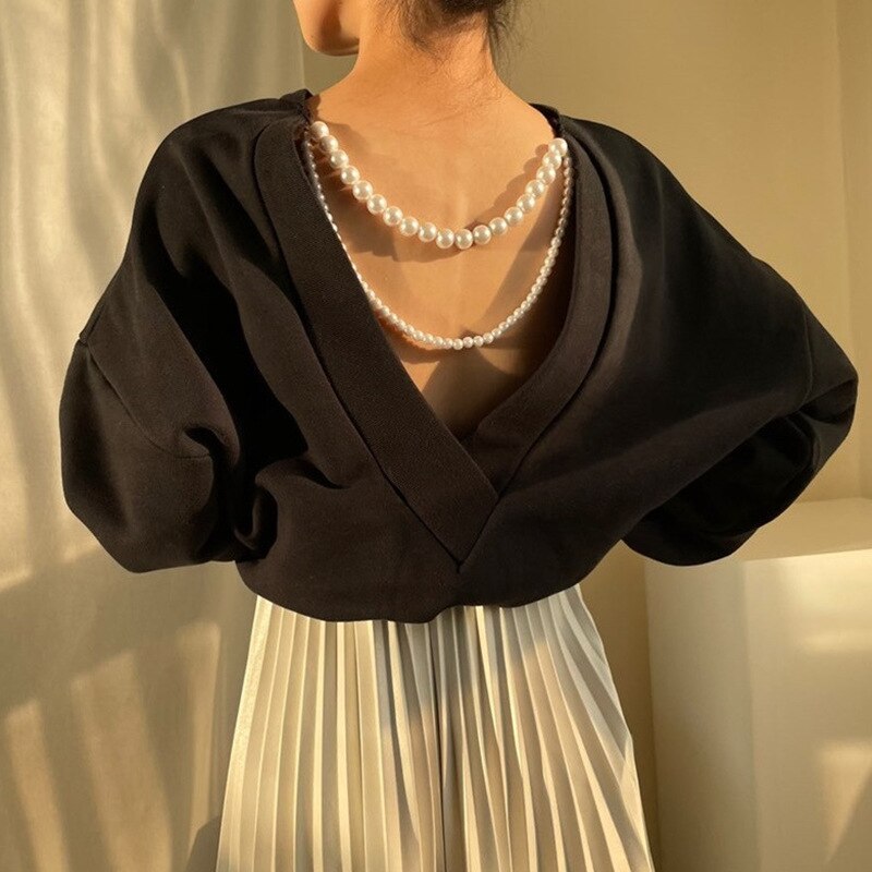 Autumn Women Sweatshirt Autumn Korea Chic Backless Pearl Chain Long Sleeve O-neck Solid Color Elegant Top 2022 New