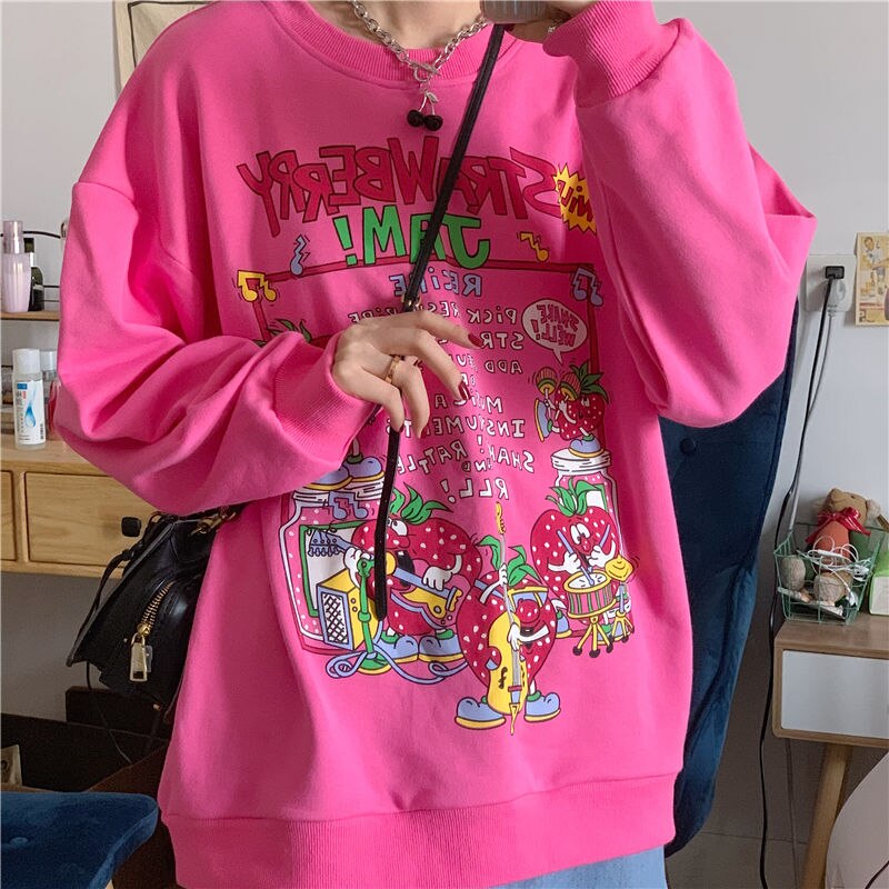 QWEEK Kawaii Pink Strawberry Print Women Hoodie Korean Fashion Oversize Sweatshirt American Retro Streetwear Cute Pullover Tops