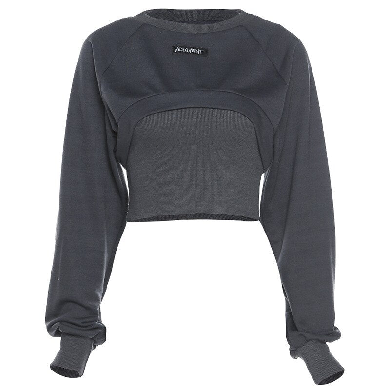 Sling small vest round neck long-sleeved sweatshirt for women's outerwear two piece solid color sexy pullover tops women