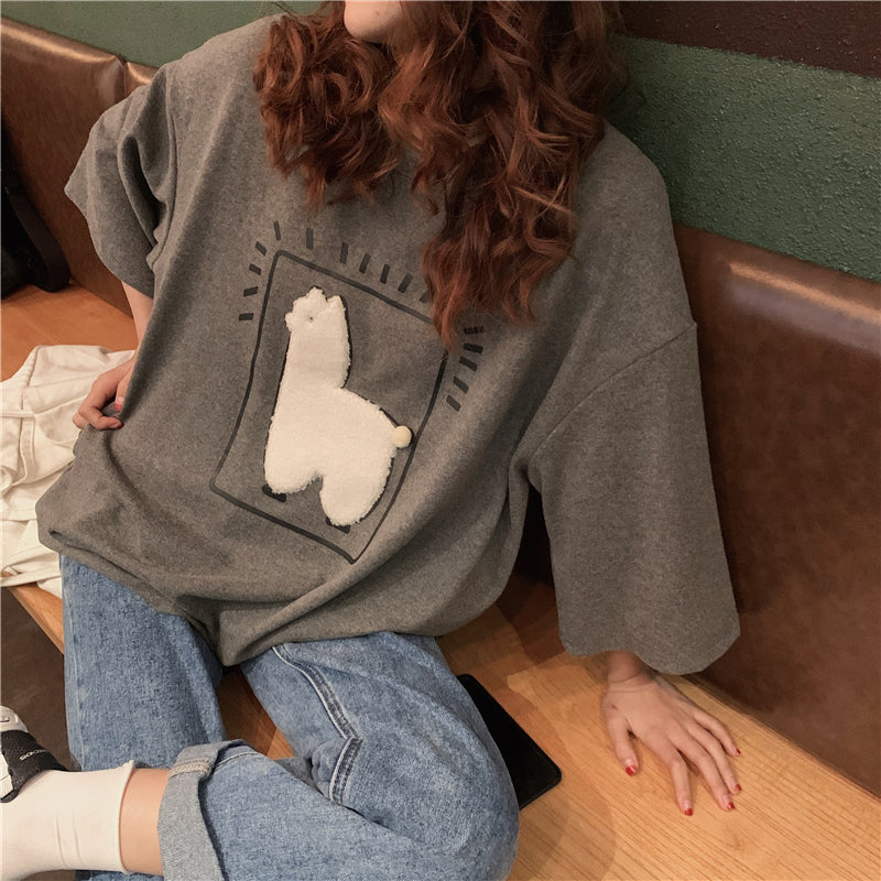 Lizakosht  Cartoon Alpaca Animal Printed Casual Loose Oversize Korean Style 2021 Summer Short Sleeve Women Top Female T-shirts