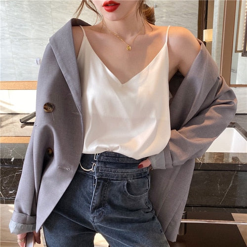 Korean Silk Women Tops Camis Woman Satin Tank Top Fashion Lady V-Neck Camis Women Sleeveless White Tops Sexy Halter Top XXXL