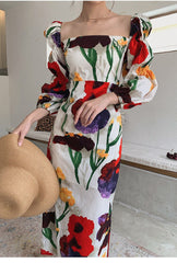 Suummer New Vintage Square Collar Lantern Sleeve Print Dress Women Elegant Long Robe Modern Lady Floral Split Boho Vestidos