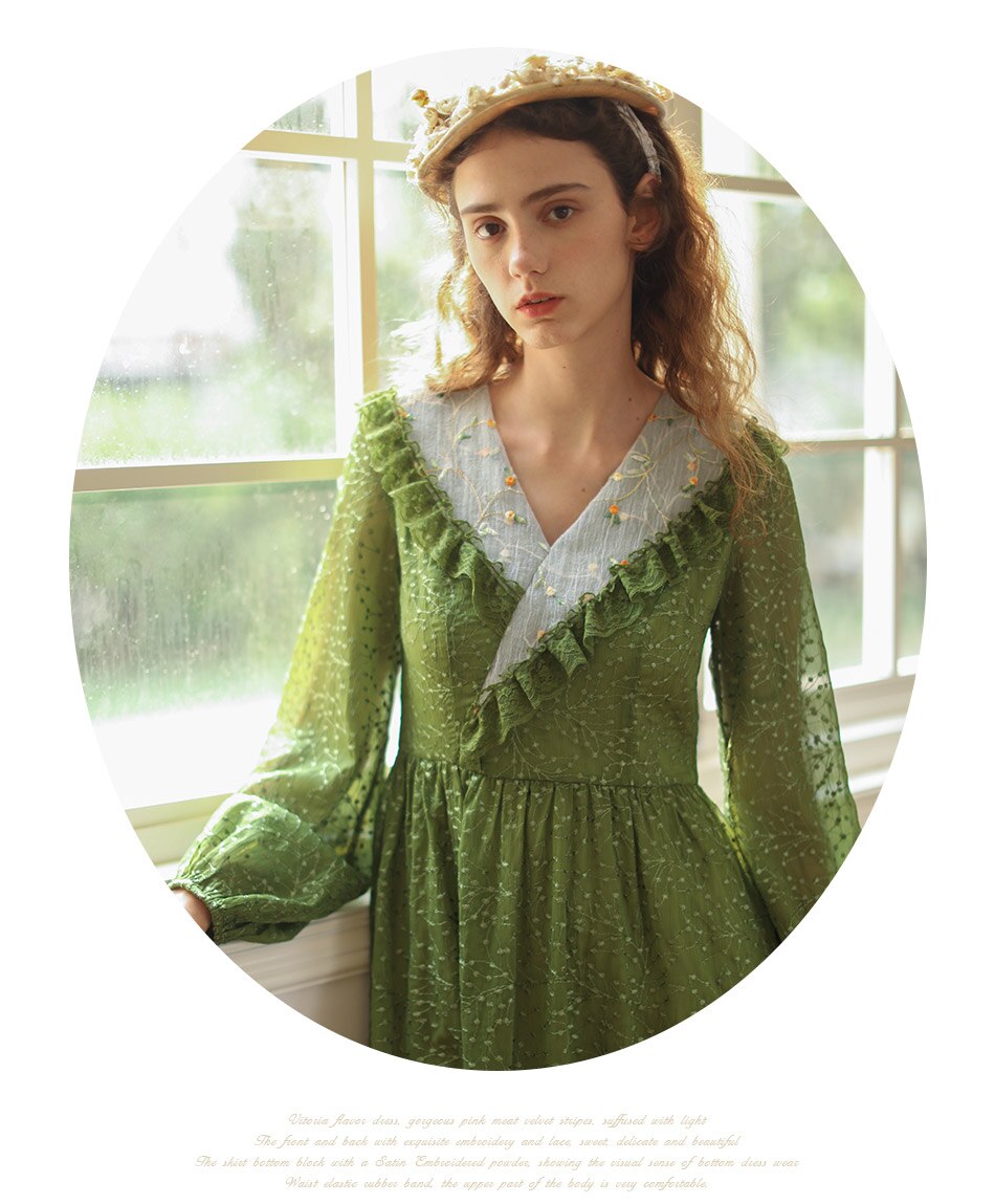 Lizakosht Green Dress SpringSummer Women Vintage Elegant Slim Long Sleeve Embroidery Lace V-Neck Cotton Long Dress ropa mujer talla grande