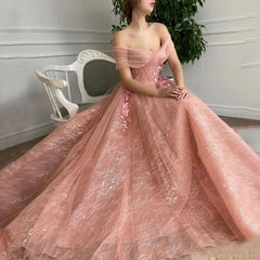 Off Shoulder Sweetheart 3D Flower Pleats Lace Pocket Tulle Prom Dresses Formal Wedding Party Gowns 2022