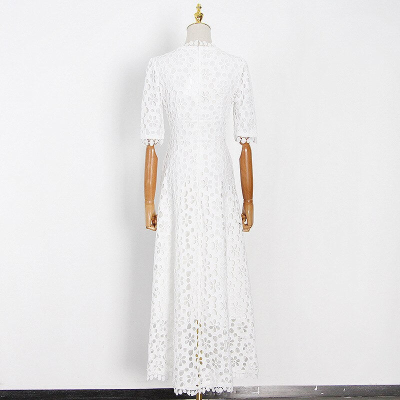 Lizakosht  white gown dress women cotton hollow out V-neck elegant maxi ladies dress chic short sleeve summer dress new