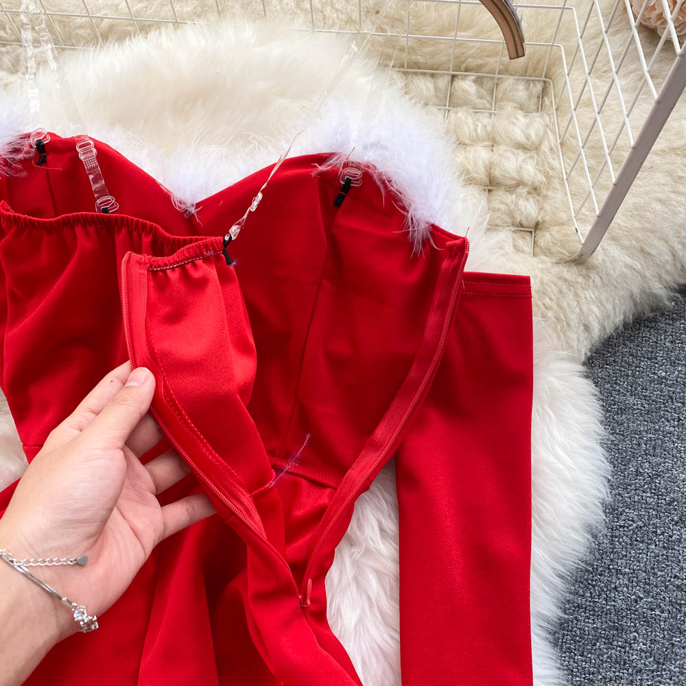 Women Elegant Dress For New Year 2022 Strapless Backless Furry Sexy Short Mini Christmas Dress Navidad Red Party Dress Femme