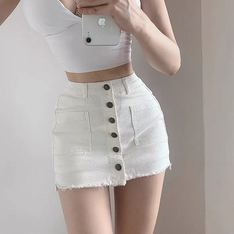 Streetwear Summer White Mini Skirts Y2k High Waisted Single Breasted High Waisted Jeans  Tight Skirt Shorts Aesthetic