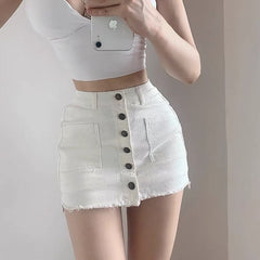 Streetwear Summer White Mini Skirts Y2k High Waisted Single Breasted High Waisted Jeans  Tight Skirt Shorts Aesthetic