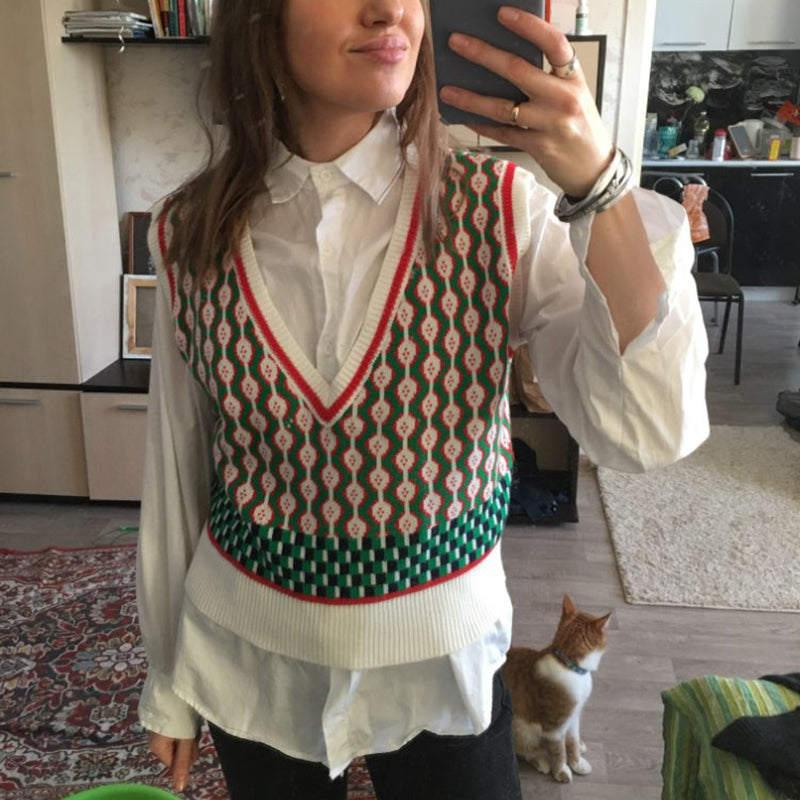 Chic Vintage Argyle Sweater Vest for Women 2021 Autumn Winter Pullover Vest Knitted Vest Sleeveless Jecket Gilet Femme