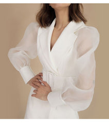 Lizakosht   Designer Fashion Notched Collar White Women Casual Mini Short Dress Spring Summer Lantern Sleeve Lady Dresses Vestidos