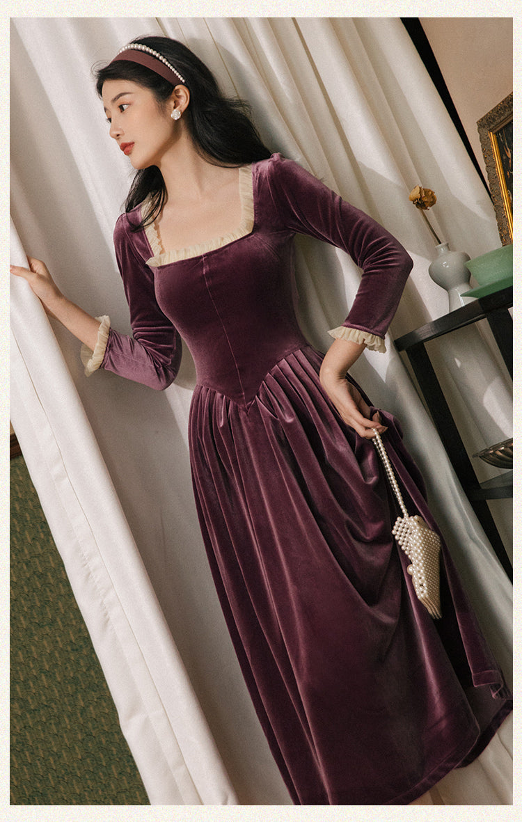 Vintage Velvet Dress Woman Solid Claret & Purple Color Square Collar Ruffles Elegant Lady Dinner Dresses Retro Vestido Festa