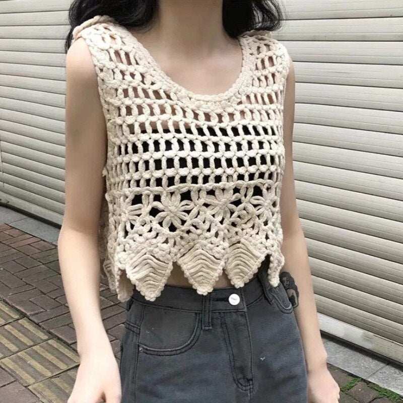 Lizakosht Patchwork Cropped Top Women Clothing Knitted Hollow Out Camisole Female Clothes Backless Lace Tops Ladies Tank-top Summer