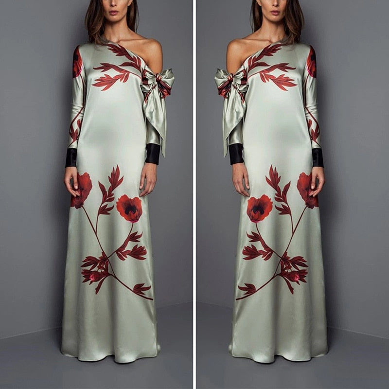 Fashion Floral Print Straight Long Sleeved Off Shoulder Bow Autumn Mother of The Bride Dress Casual Evening Gowns Prom Robe