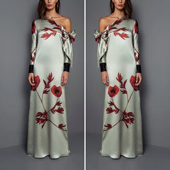 Fashion Floral Print Straight Long Sleeved Off Shoulder Bow Autumn Mother of The Bride Dress Casual Evening Gowns Prom Robe