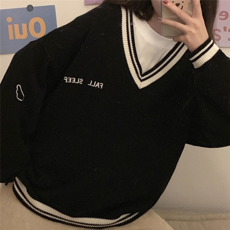Sweaters Women Ulzzang Letter Chic Vintage V-neck Daily Oversize Girls Pullovers Student Fall Casual All-match Ins Women Sweater