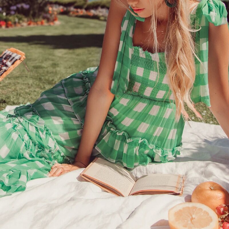 Grosfairy 2021 Summer Green Plaid Graduation Dresses Women Chifforn Spaghetti Strap Party Prom Dress Fashion Homecoming Vestido