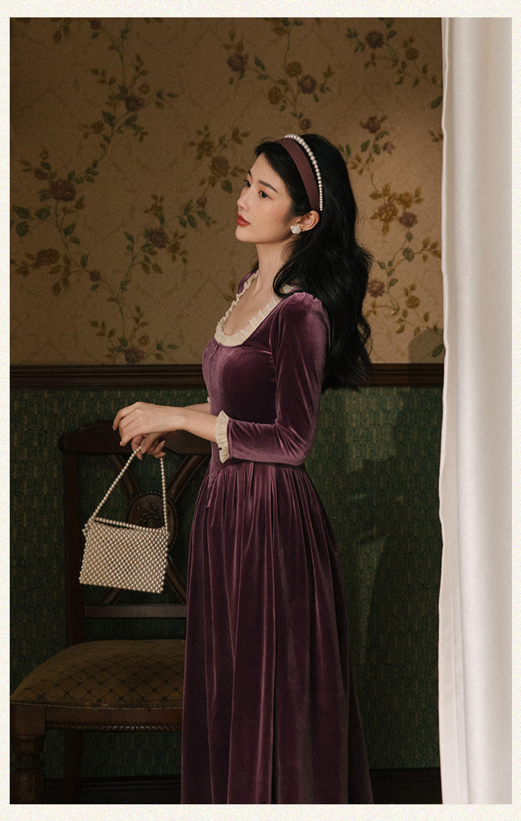 Vintage Velvet Dress Woman Solid Claret & Purple Color Square Collar Ruffles Elegant Lady Dinner Dresses Retro Vestido Festa