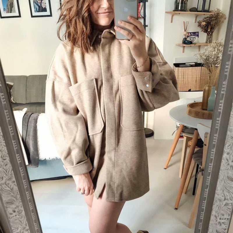 Lizakosht Casual Woman Camel Loose Pocket Woolen Shirt 2021 Fashion Ladies Autumn Long Sleeve Thick Blouse Coat Female Long Outwear