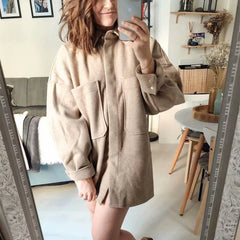 Lizakosht Casual Woman Camel Loose Pocket Woolen Shirt 2021 Fashion Ladies Autumn Long Sleeve Thick Blouse Coat Female Long Outwear