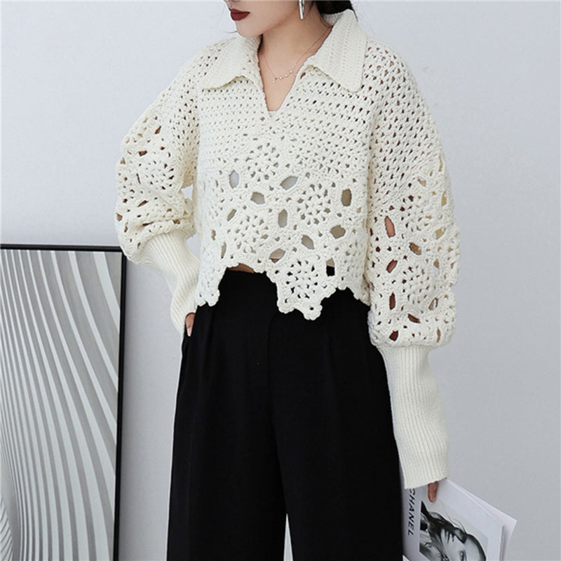 New  Spring Autumn Women Sweater Pullovers Knitted Korean Fashion Hollow Out Irregular Jumpers Short Tops