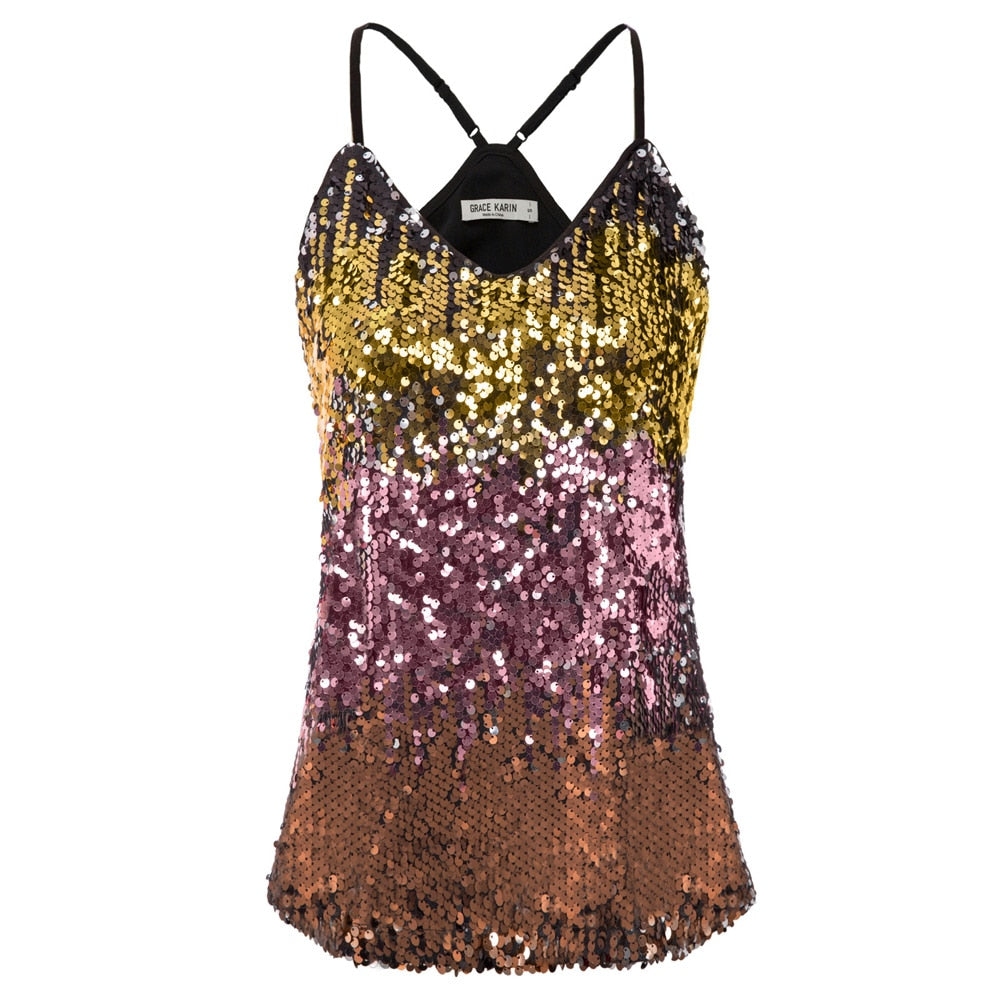 Grace Karin Women\\\'s Sequin Sexy V-Neck Top Spaghetti Strap Summer Cocktail Party Sequined Camisole Tank