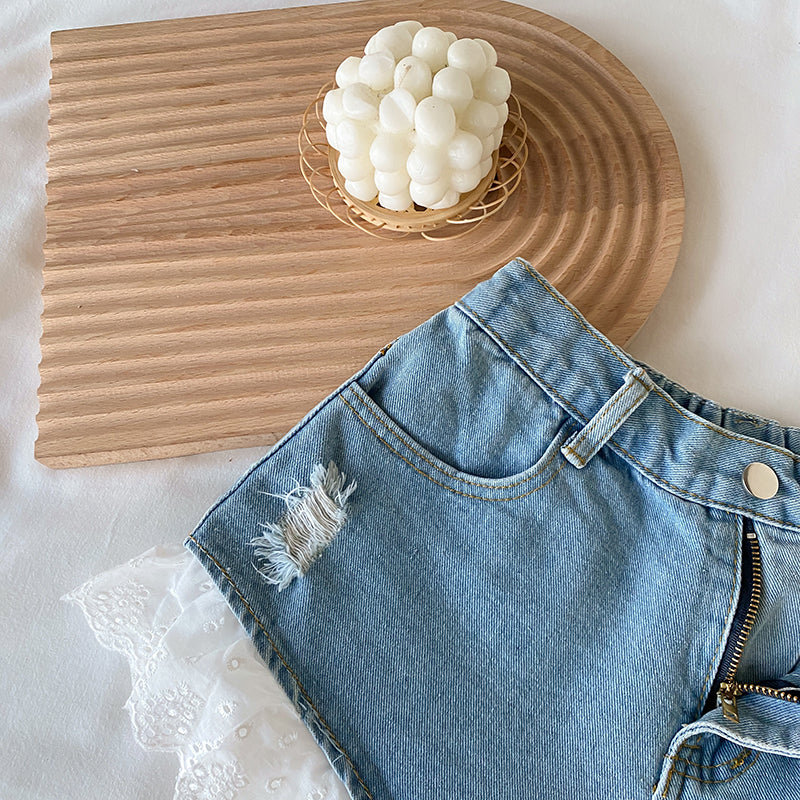 Lolita Girls Blue Denim Lace Two Piece Set Y2K Women Bustier Camis Crop Top High Waist Shorts Outfits Sexy Femenino 2 Piece Set