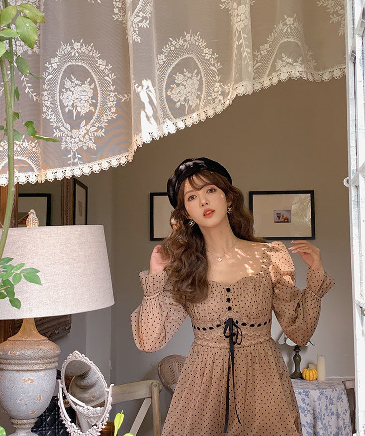 French Vintage Midi Dress Women Puffer Sleeve Square Collor Office Elegant Dress Female 2021 Spring Dot One Piece Dress Korean