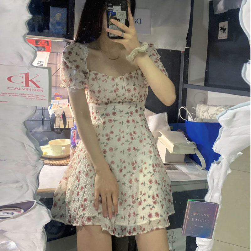 Summer Elegant Floral Dress Women Lace Up Designer Backless Sexy Mini Dress French Retro High Waist Chic Party Sweet Dress
