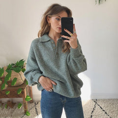 Ardm Fashion Women Sweater V Neck With Button Loose Long Sleeve Winter Solid Color Casua Lapel Pullover Chic Tops