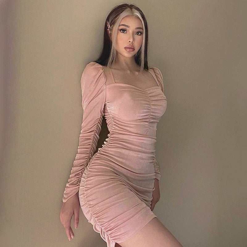 Pleated Dress For Women 2021 Spring New Sexy Long Sleeve Temperament Dress High Waist Spring Ladies Skinny Pink Casual Skirt