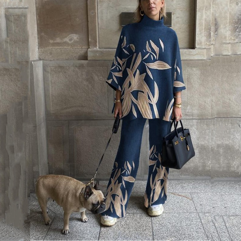 Fashion Turtleneck Hoodie And Wide Leg Pants Suit Elegant Pattern Print Tracksuits Outfit Women Long Sleeve Loose Two Piece Sets