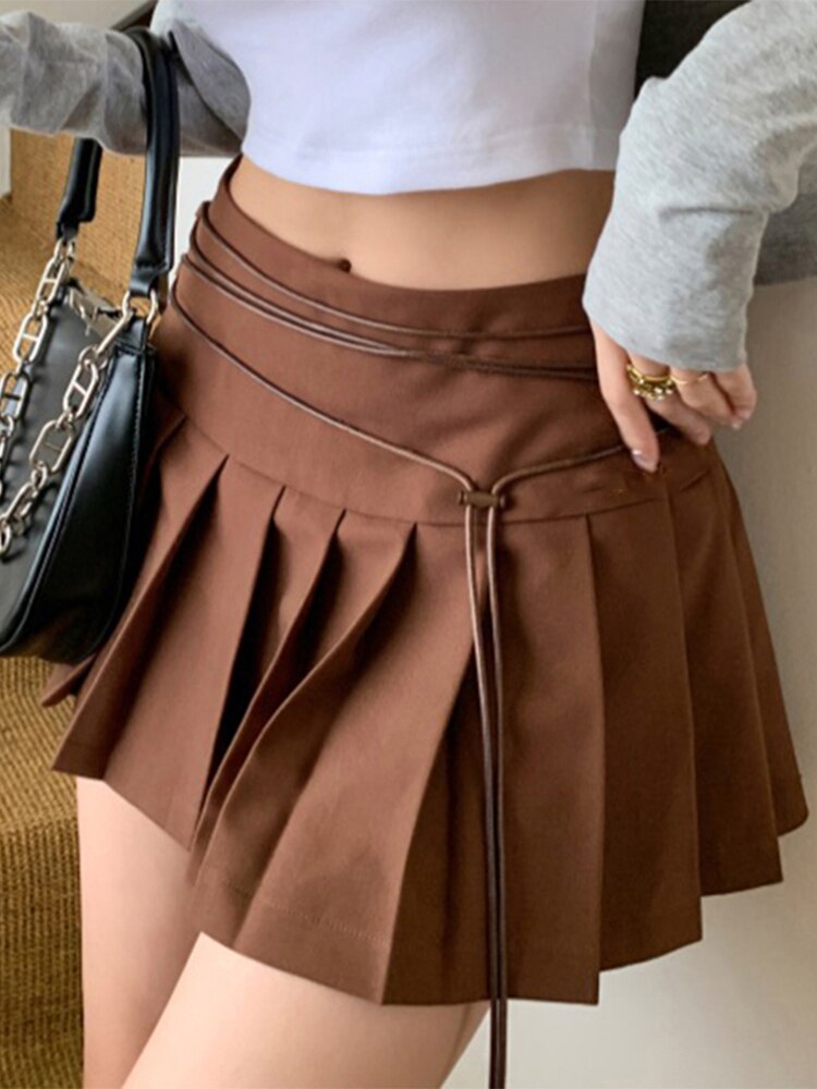 Solid Vintage Y2K Pleated Mini Skirts Korean Fashion Lace-up Kawaii Cloth Women Aesthetic Retro Summer Skirts 2000s Cuteandpscho