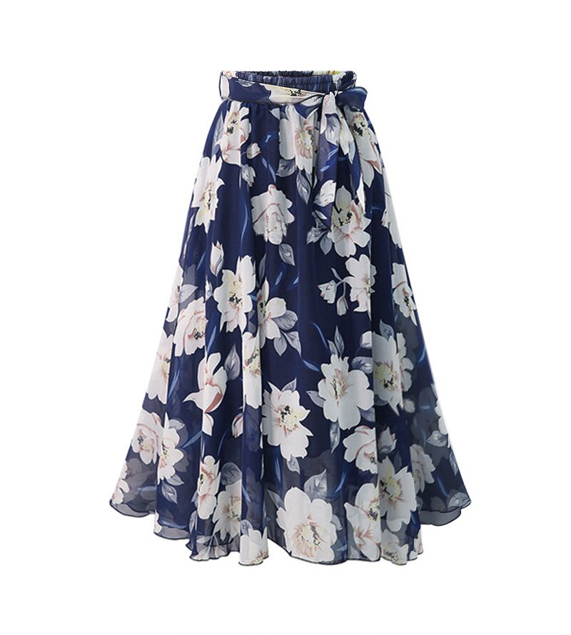 Spring Summer Newest Women Chiffon Skirts Printing Floral A line High Waist Bow Lace Up Belt Y2K Ladies Midi Long Skirt