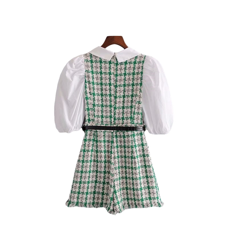 Elegant women tweed rompers 2022 fashion ladies green plaid rompers streetwear female sweet pocket playsuit girls chic romper