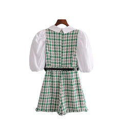 Elegant women tweed rompers 2022 fashion ladies green plaid rompers streetwear female sweet pocket playsuit girls chic romper