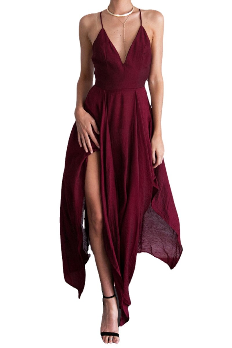 Lizakosht New Women Sexy Party Dress Spaghetti Strap V-neck Sleeveless Chiffon High Slit Irregular Mid Long Dress Vestidos