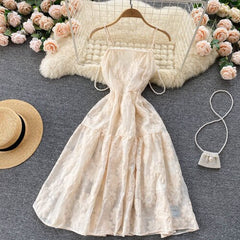 Summer Jacquard Party Dress Women Fashion Square Neck Beaded Elegant Dress Ladies Sweet French High Waisted Midi Dress