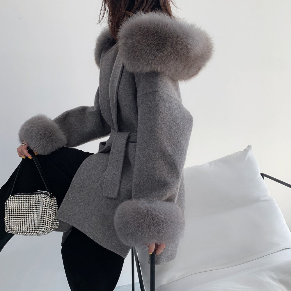 Lizakosht Luxury Oversized Real Cashmere Blend Coat Women Winter Wool Hooded Cardigan Jacket With Genuine Fox Fur Collar