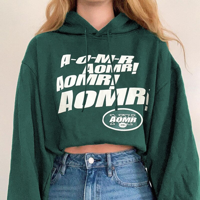 Green Letter Print Oversized Y2k Hoodies Women Sweatshirts Autumn Winter Hooded Pullover Streetwear 2021 Casual Sudaderas Hoodie