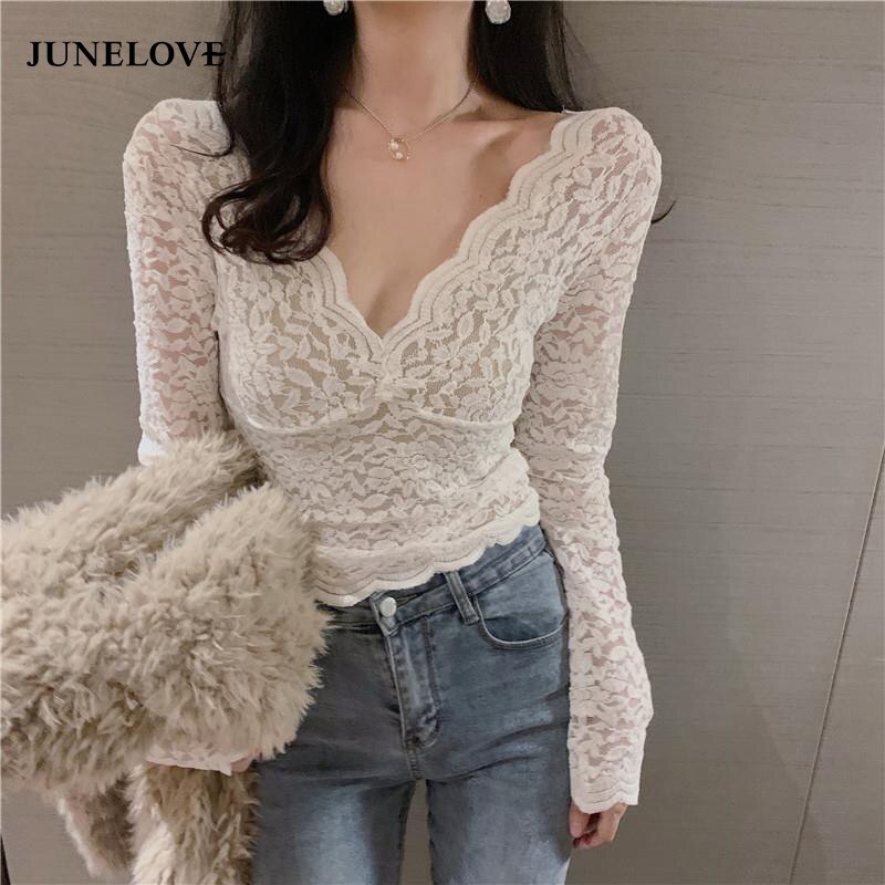 Bella Philosophy Wonder Sexy Lace Long Sleeve Blouse Female V-neck Tops Korean Fashion Lady Transparent Korean Bottoming Blouses